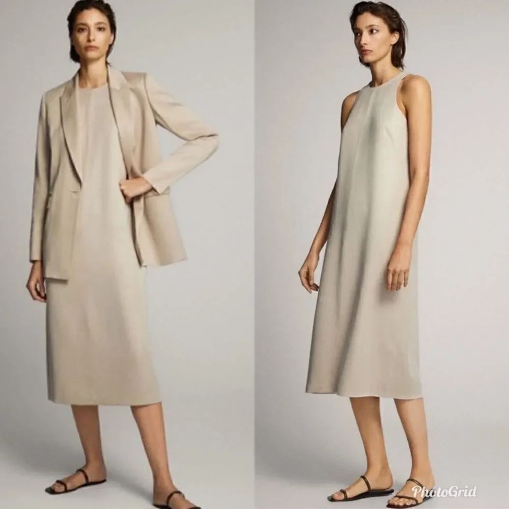 Revolve Massimo Dutti Cream Cupro Flowing Halterneck Midi Dress Size 2